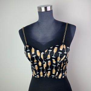Rabbit Rose Chain Strap Sleeveless Champagne Flute Cropped Bodice Top Si…